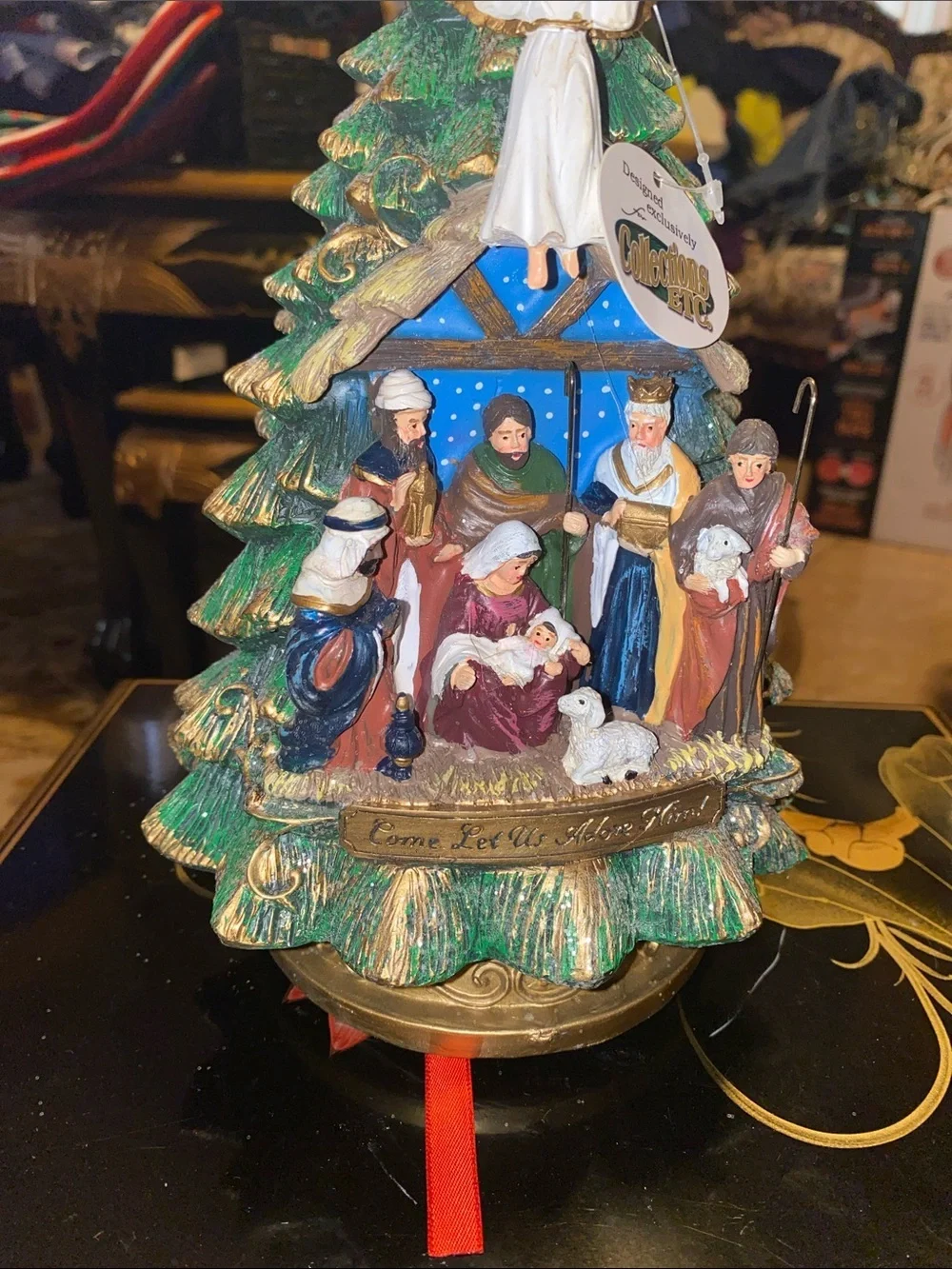 Green Holiday Nativity Tree Figurine with Angel Topper